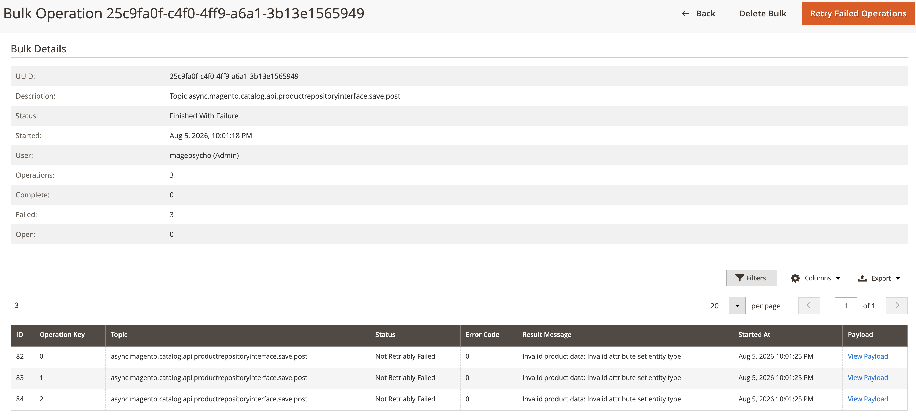 Bulk operation detail page with its operations