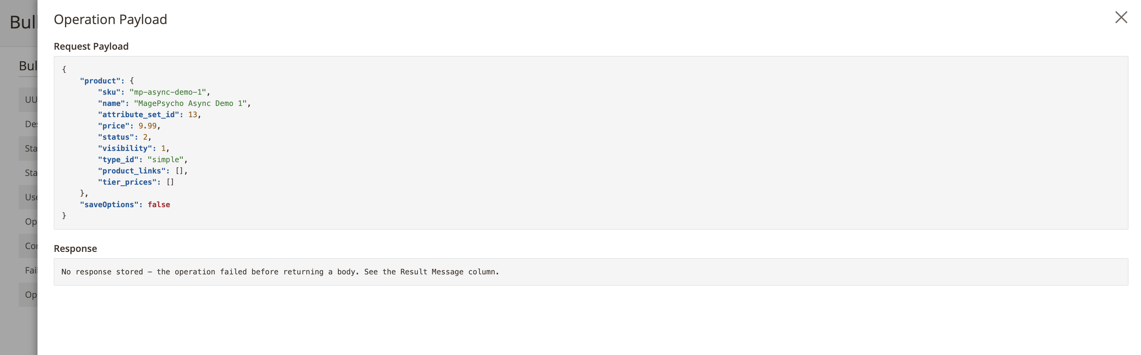 Operation payload modal showing request payload and response