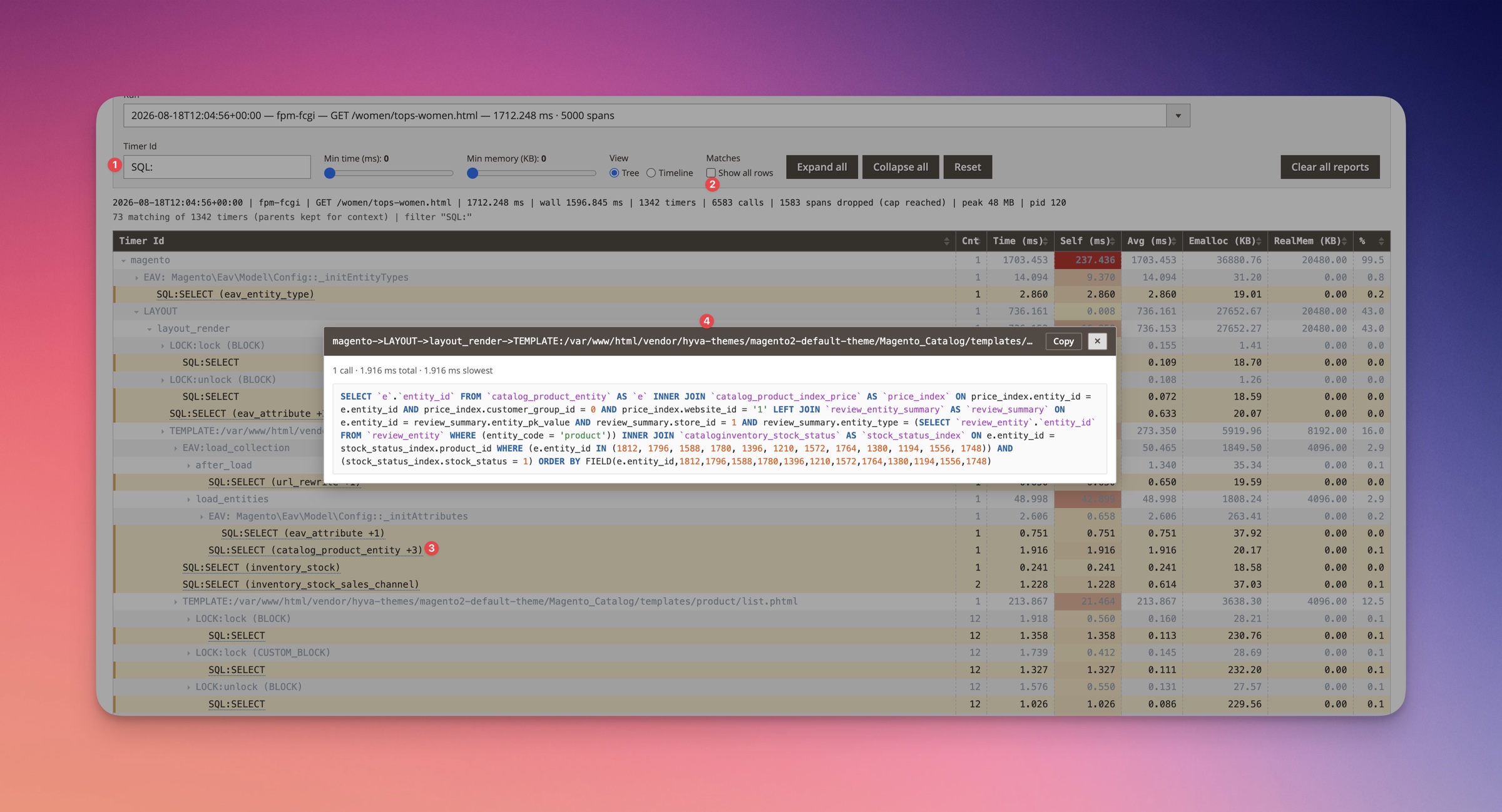 SQL statement popup — the query behind a timer, syntax-highlighted with its bind params