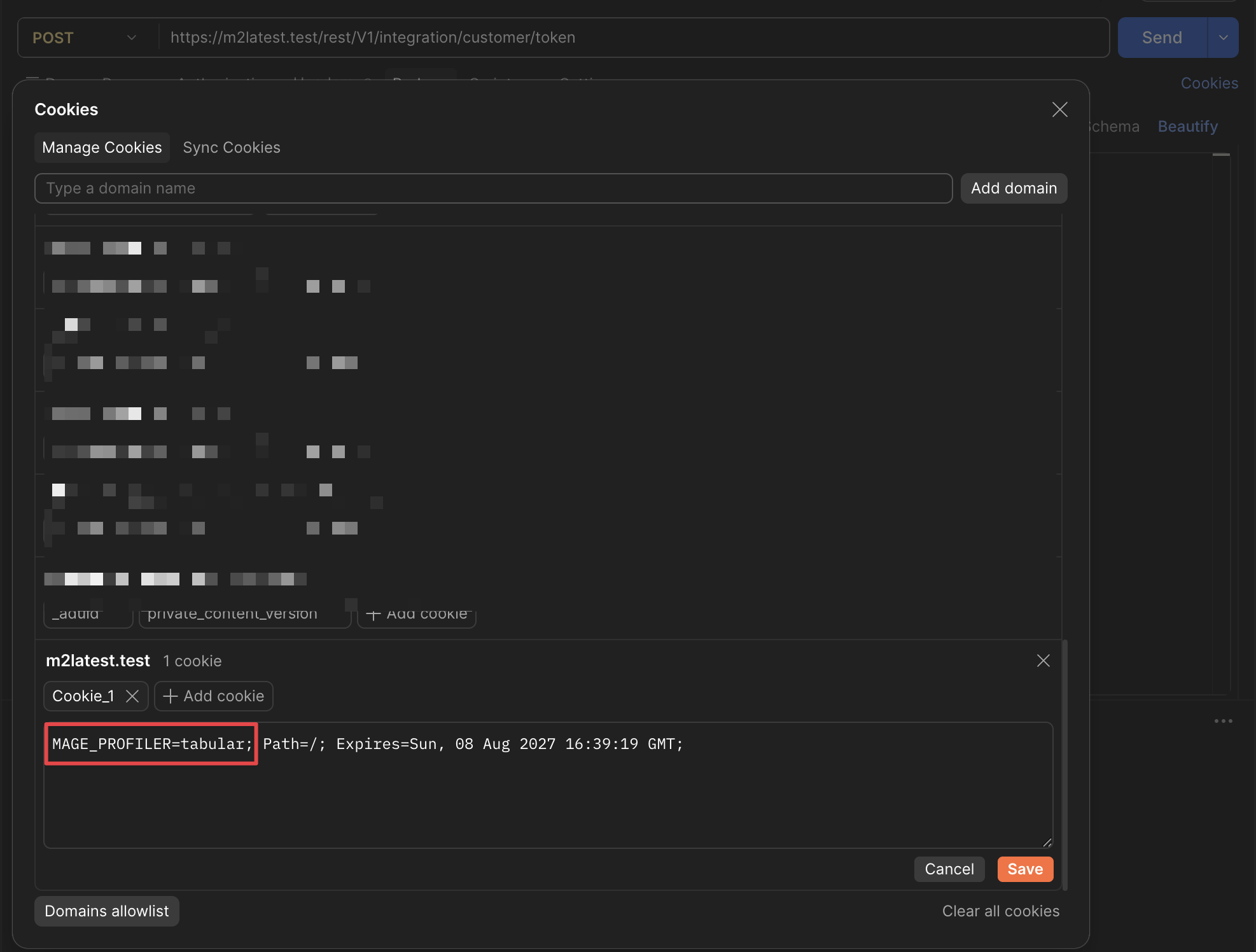 Setting the MAGE_PROFILER cookie header in Postman