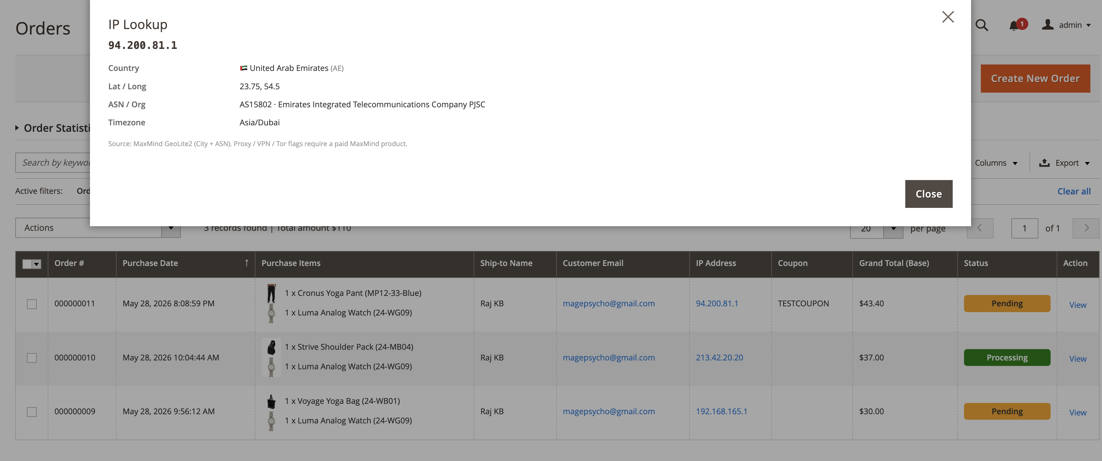Customer IP geolocation popup opened from the order grid