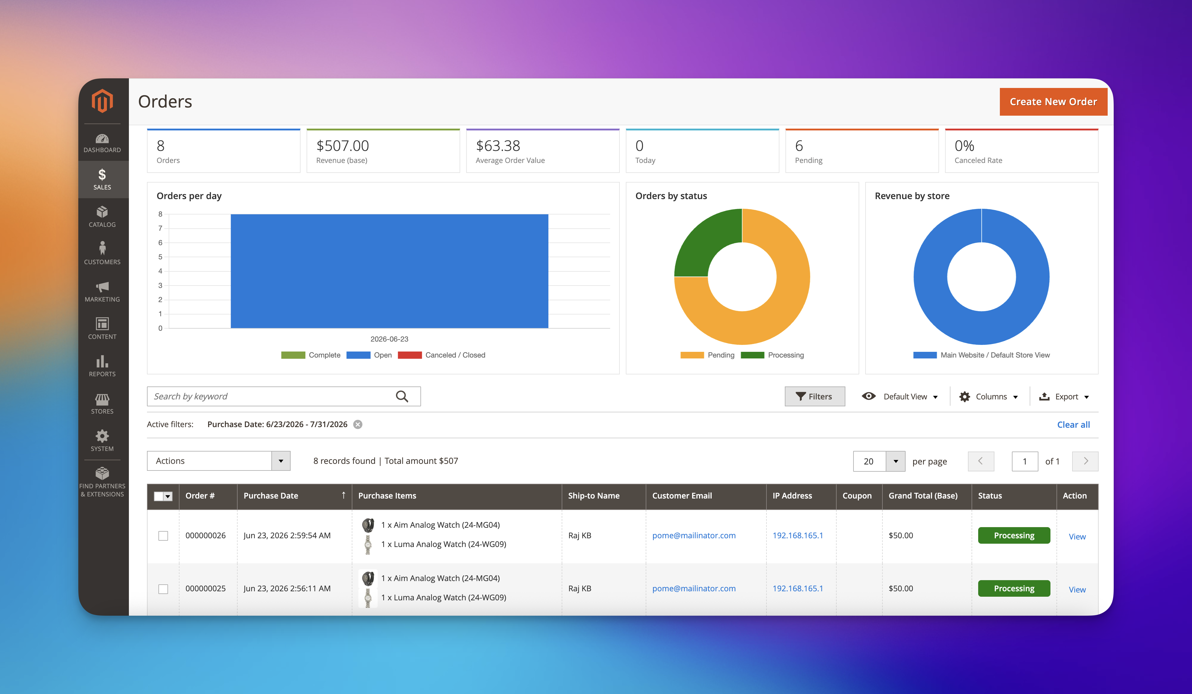 Enhanced sales order grid with statistics panel, status colours and purchase items