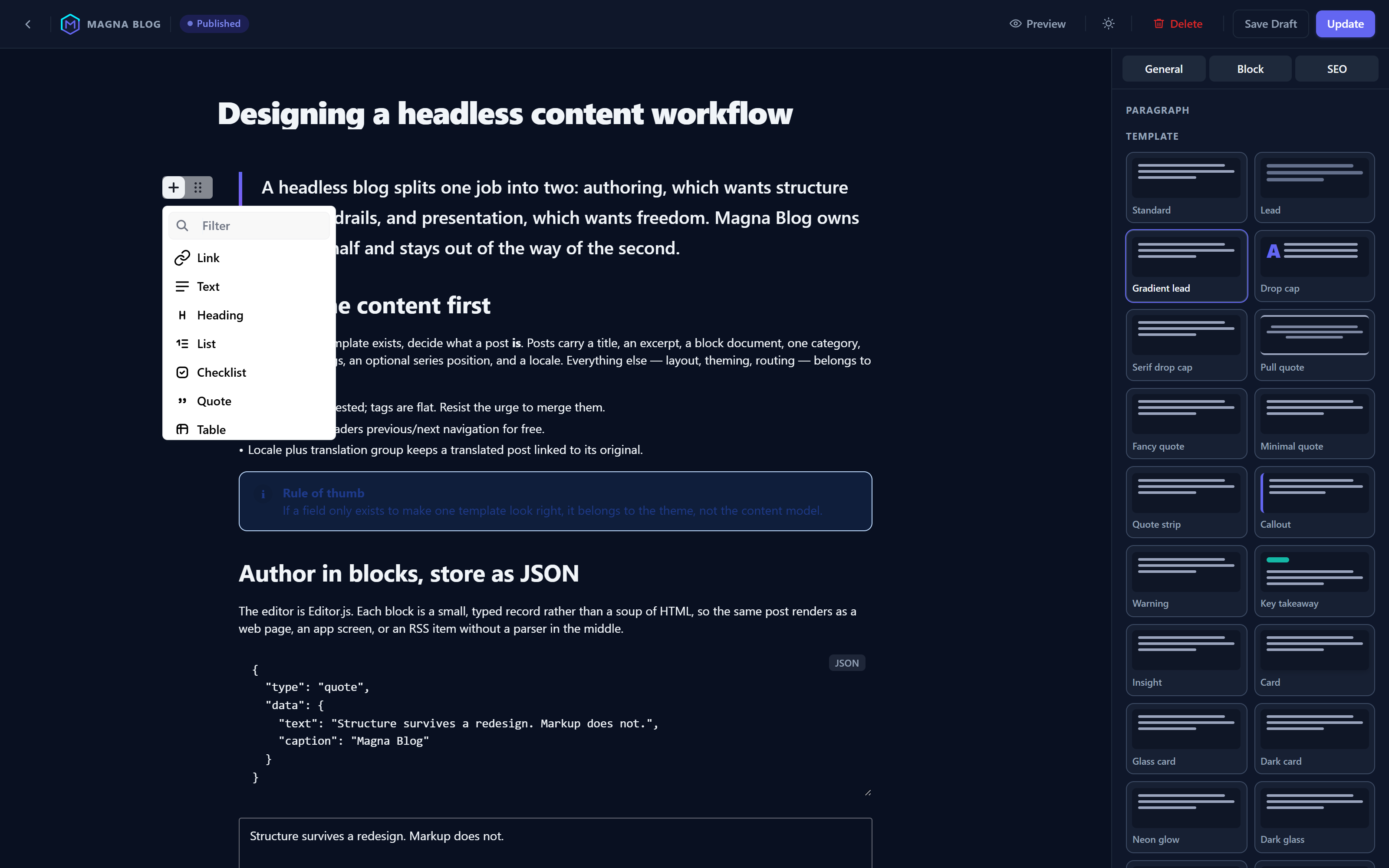 The block toolbox open beside the paragraph template gallery