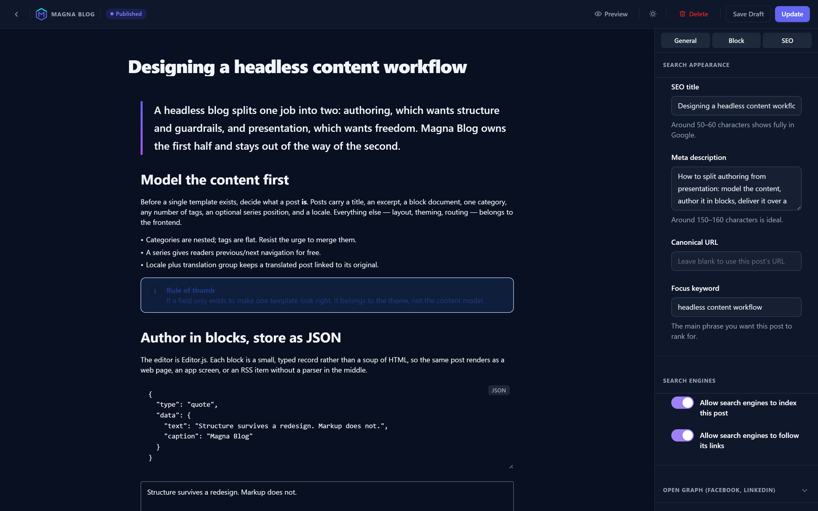 The SEO tab of the post builder