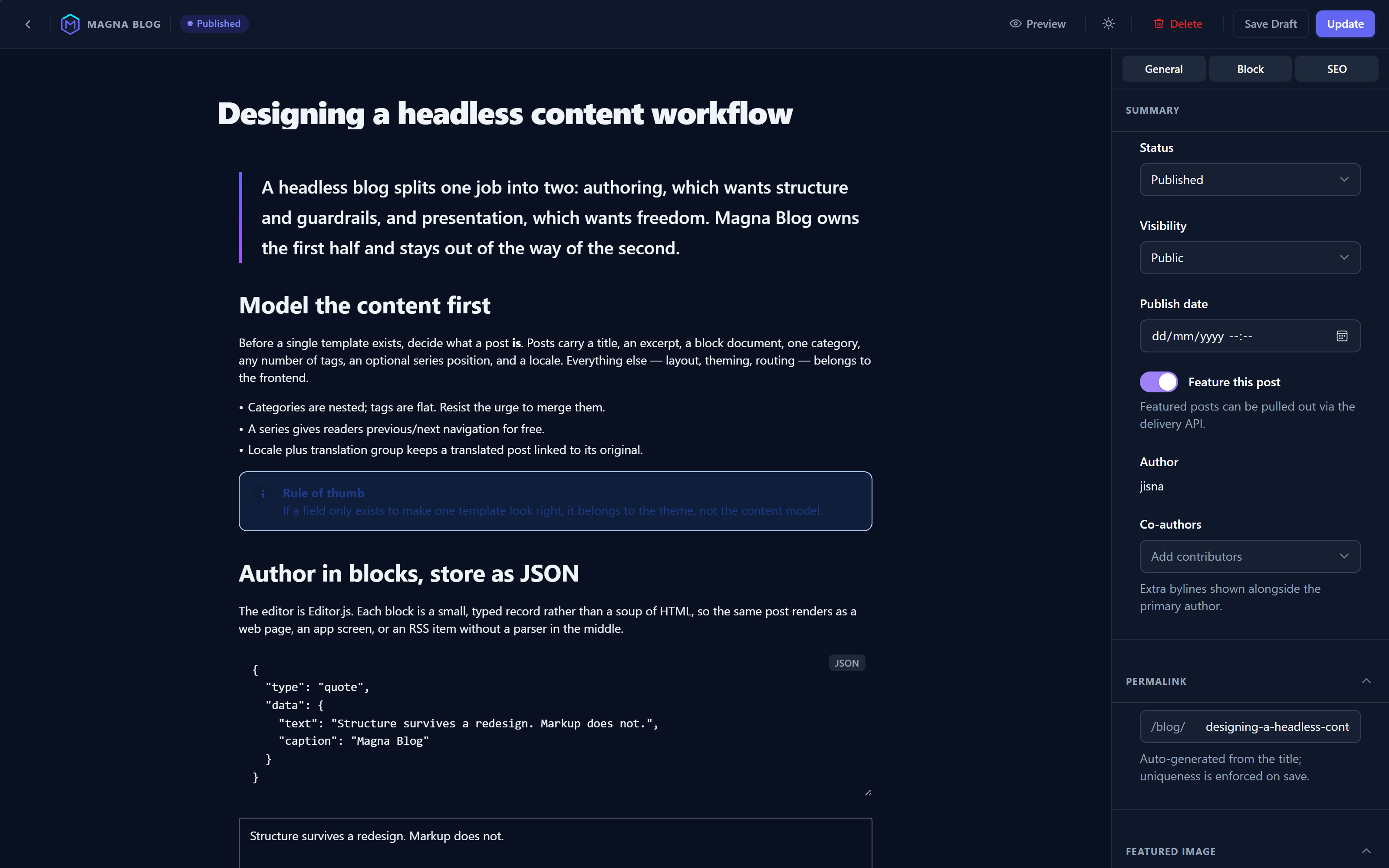 The Magna Blog post builder — Editor.js canvas with the post settings sidebar
