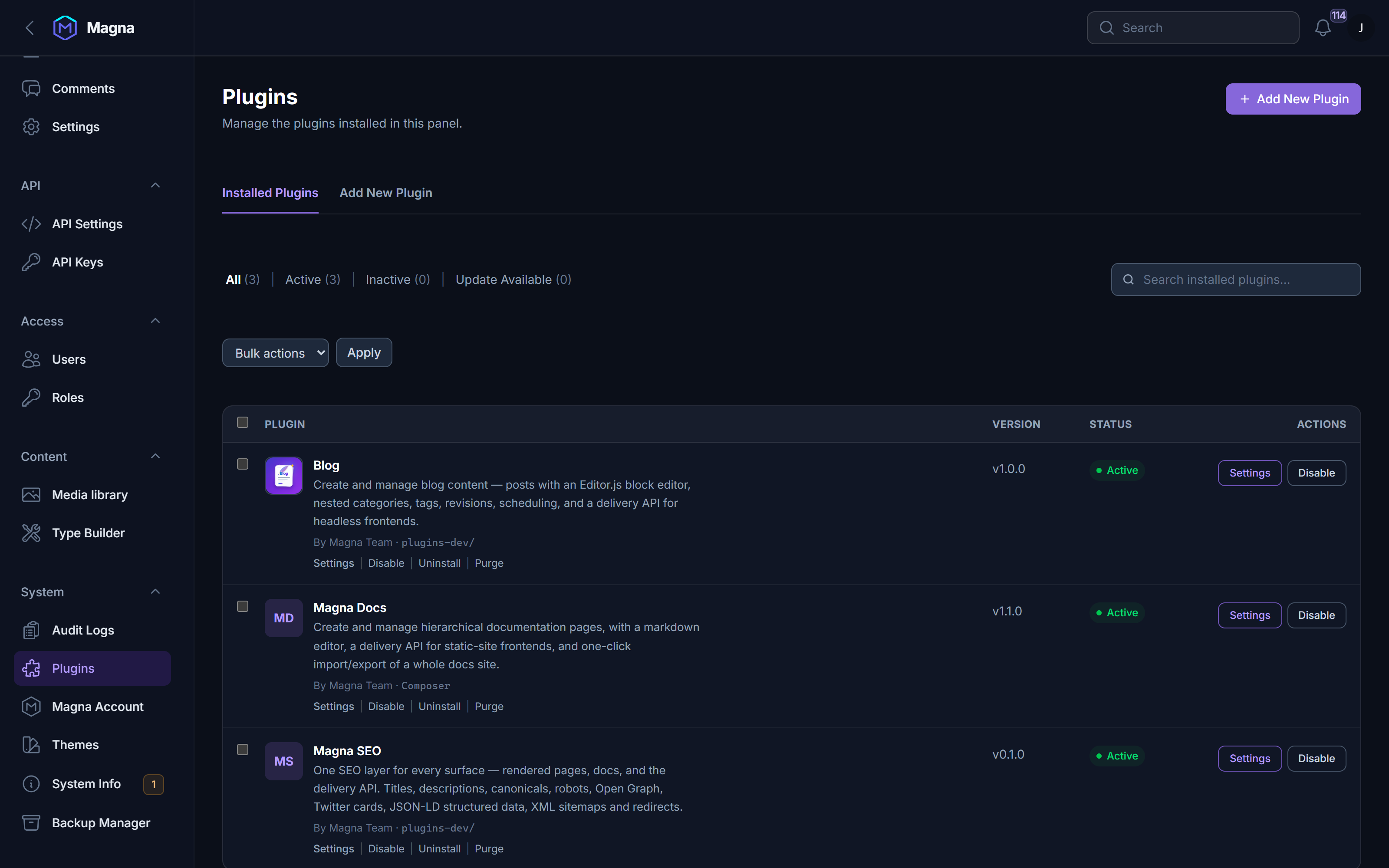 Magna Blog installed and active on the Plugins page