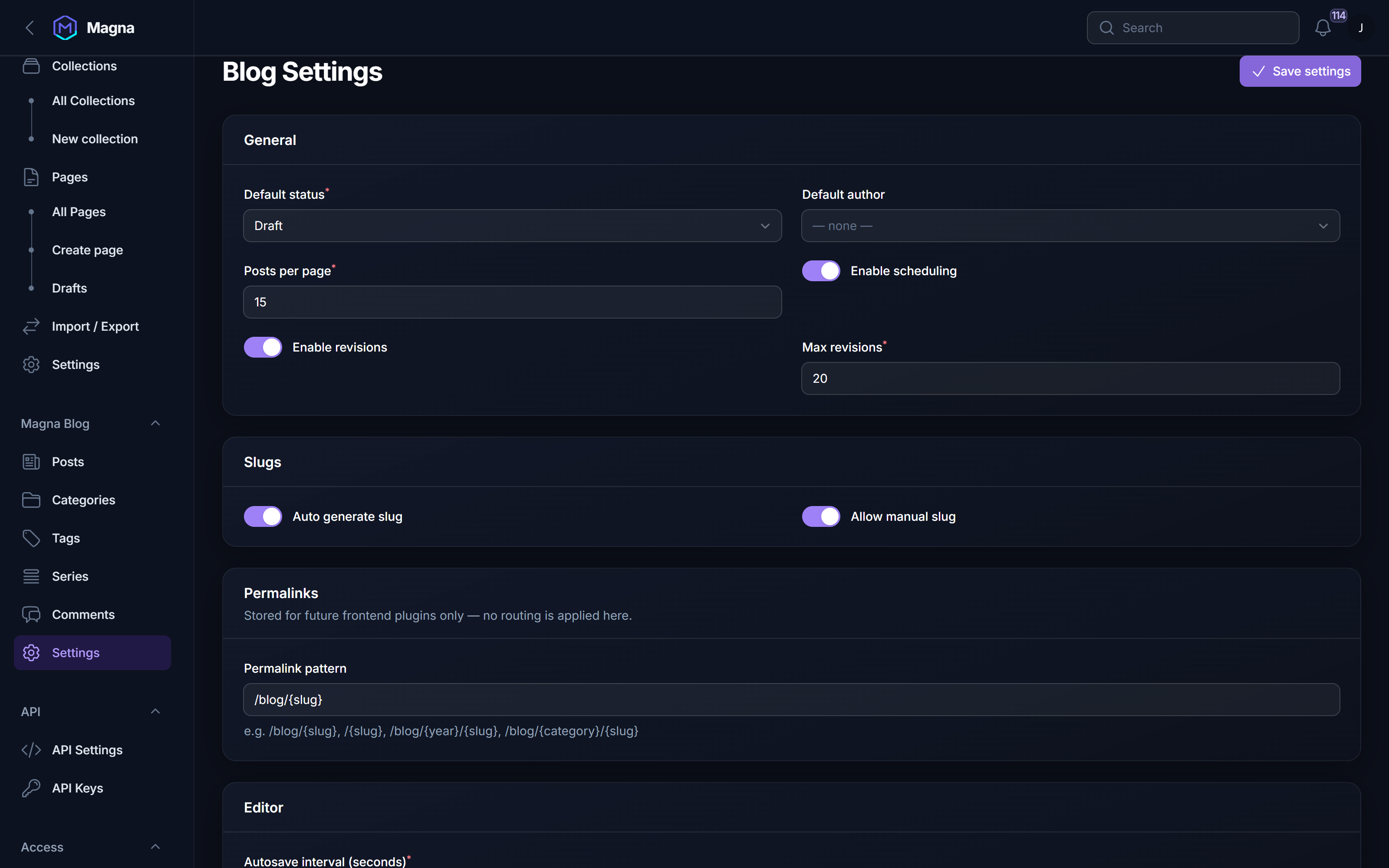 The Blog settings page