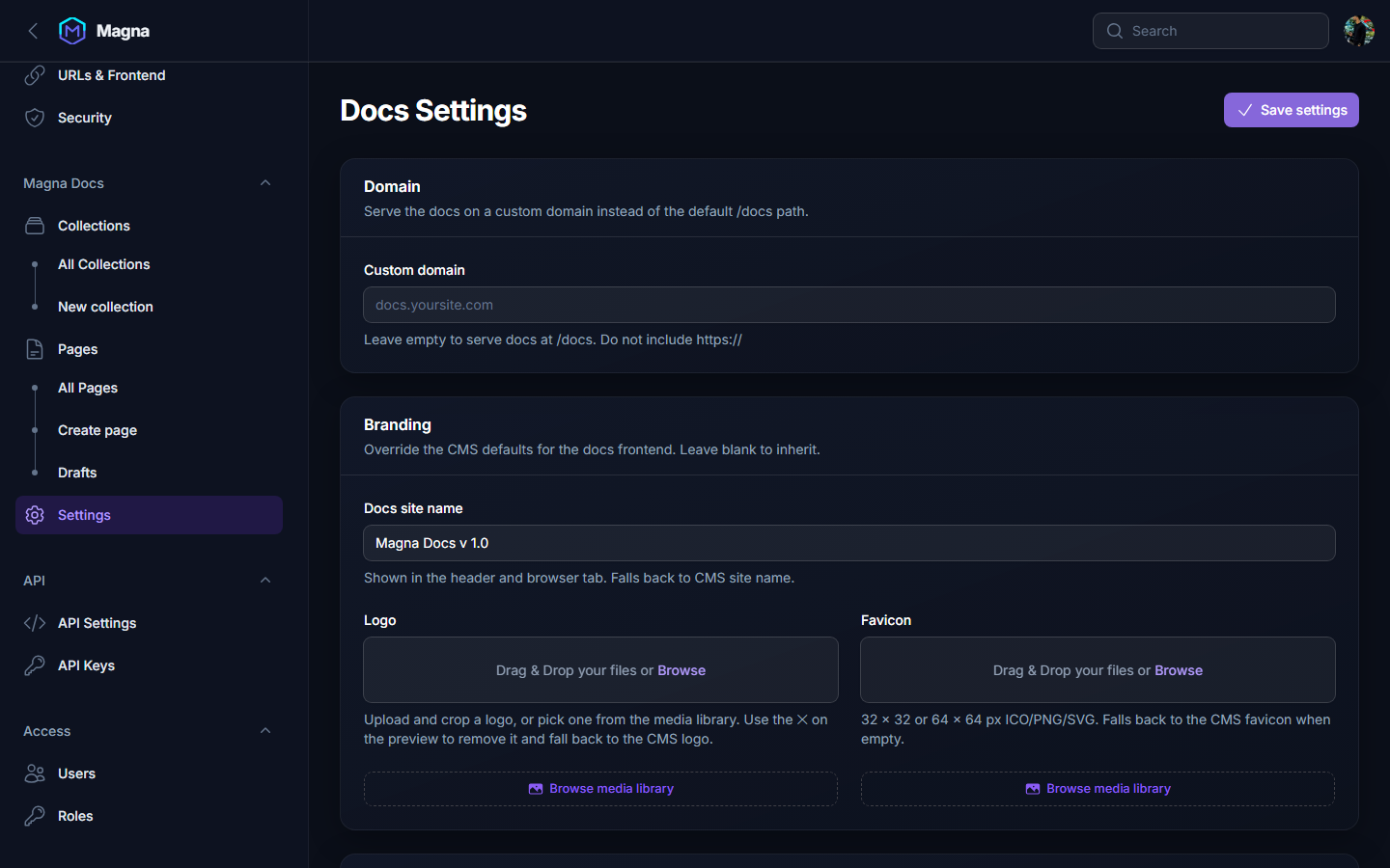Magna Docs settings page