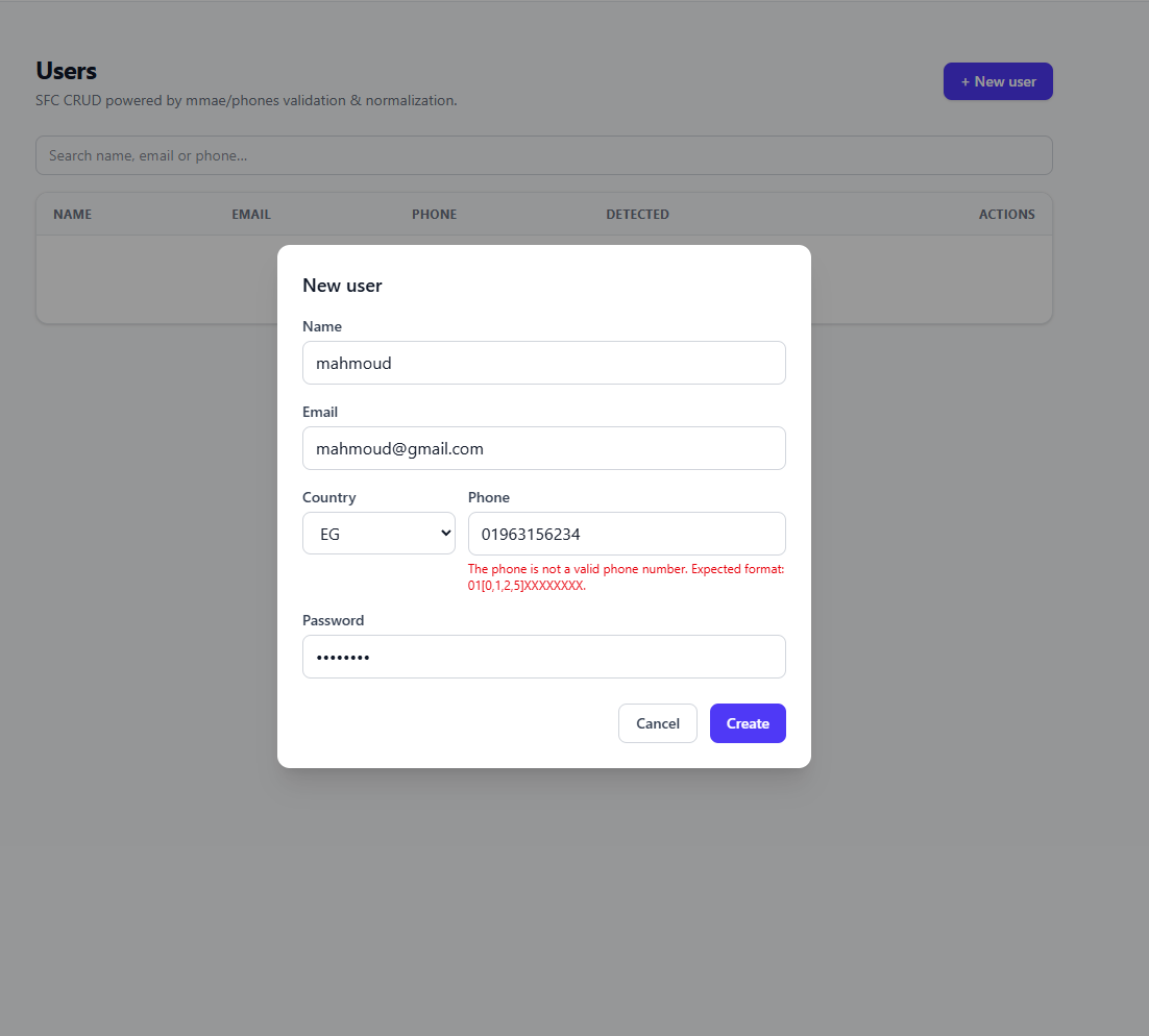 User form with a live PhoneRule validation error