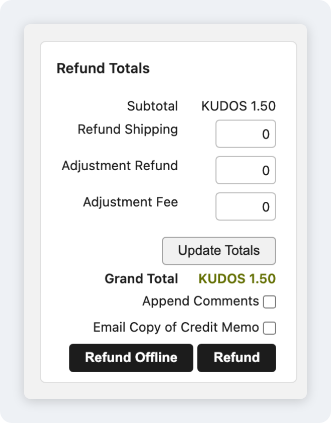 The refund totals of a new credit memo, with the online Refund button