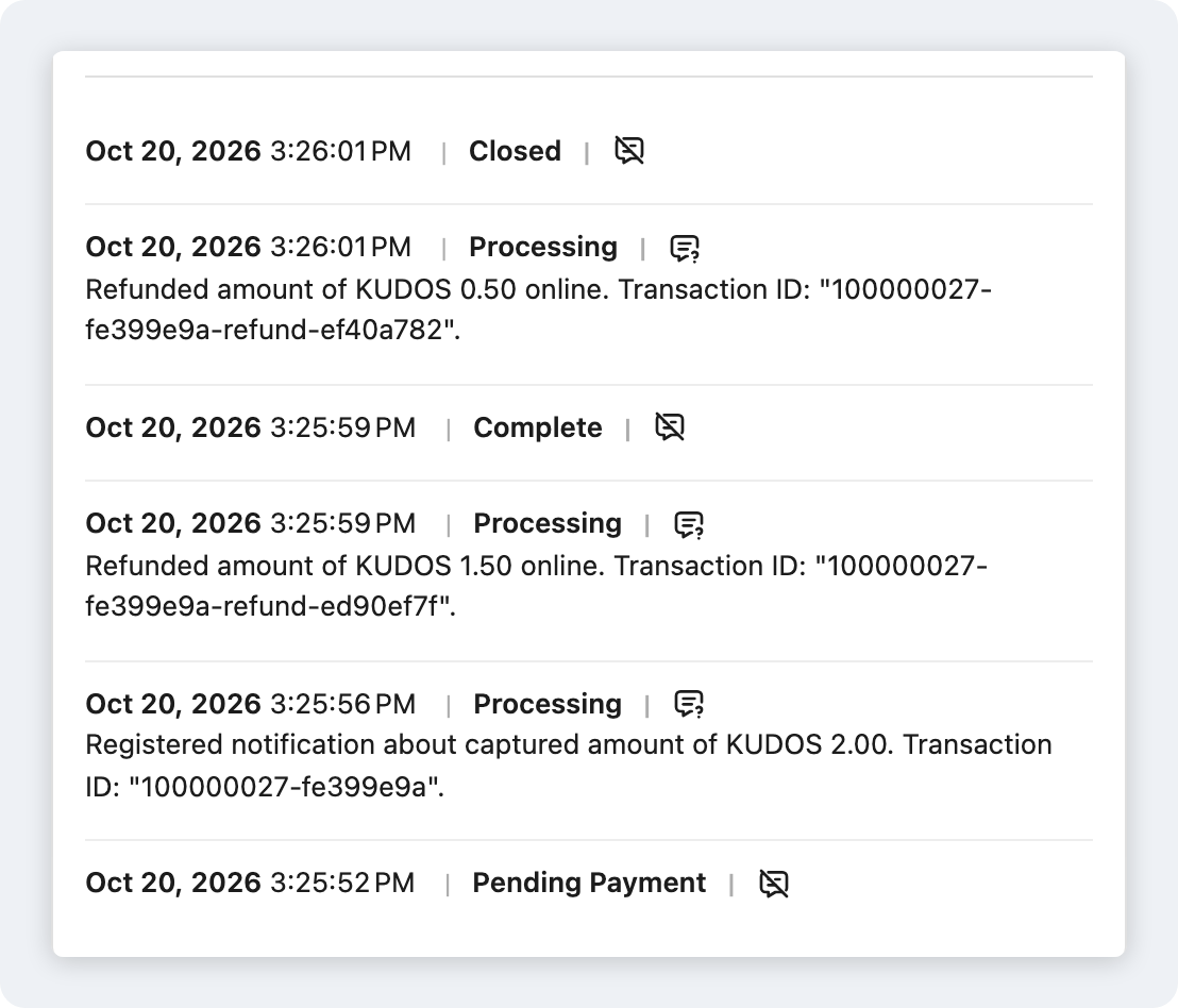 Order comments with the capture and two online refunds
