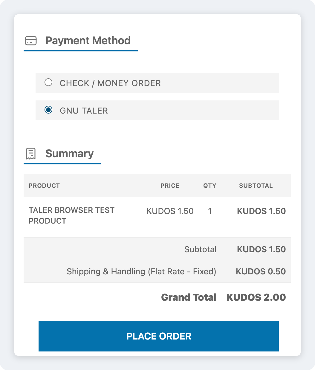 GNU Taler selected as the payment method at checkout