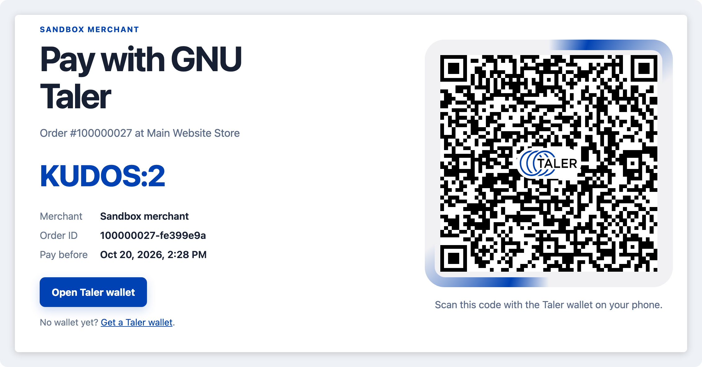 The GNU Taler payment page with a QR code