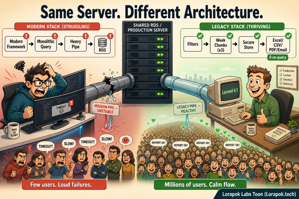 Same Server, Different Architecture — modern monolithic query vs ReportKit chunked prepare, secure store, and multi-format export