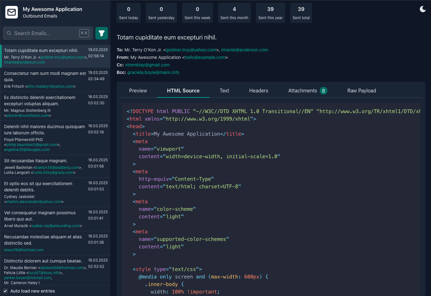 Screenshot of Laravel Mail Viewer - Dark Mode