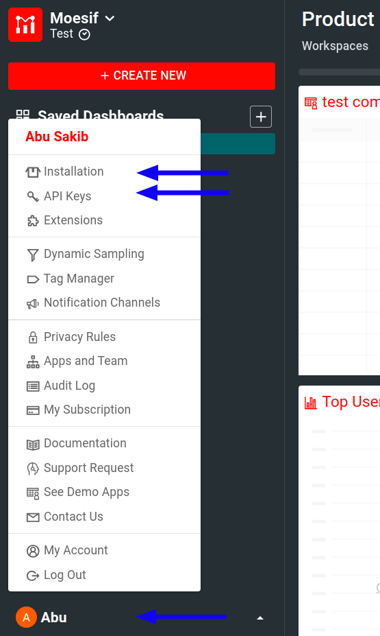 Accessing the settings menu in Moesif Portal