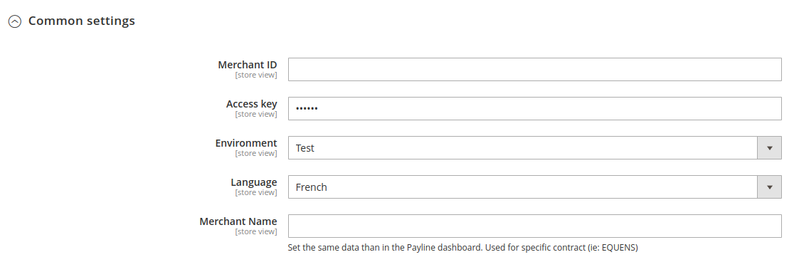 Screenshot showing payment method configuration common in backoffice