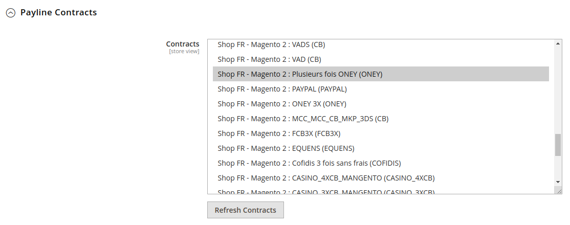 Screenshot showing payment method configuration contract in backoffice