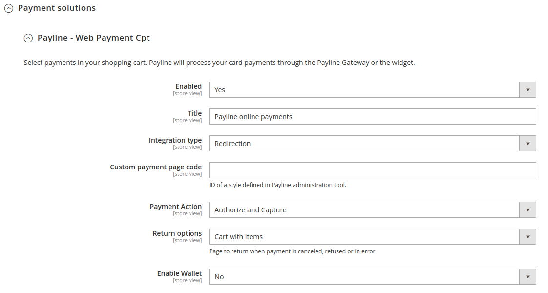 Screenshot showing payment method configuration cpt in backoffice