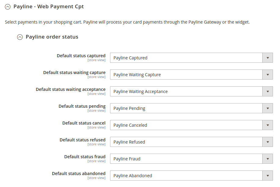 Screenshot showing payment method configuration status in backoffice