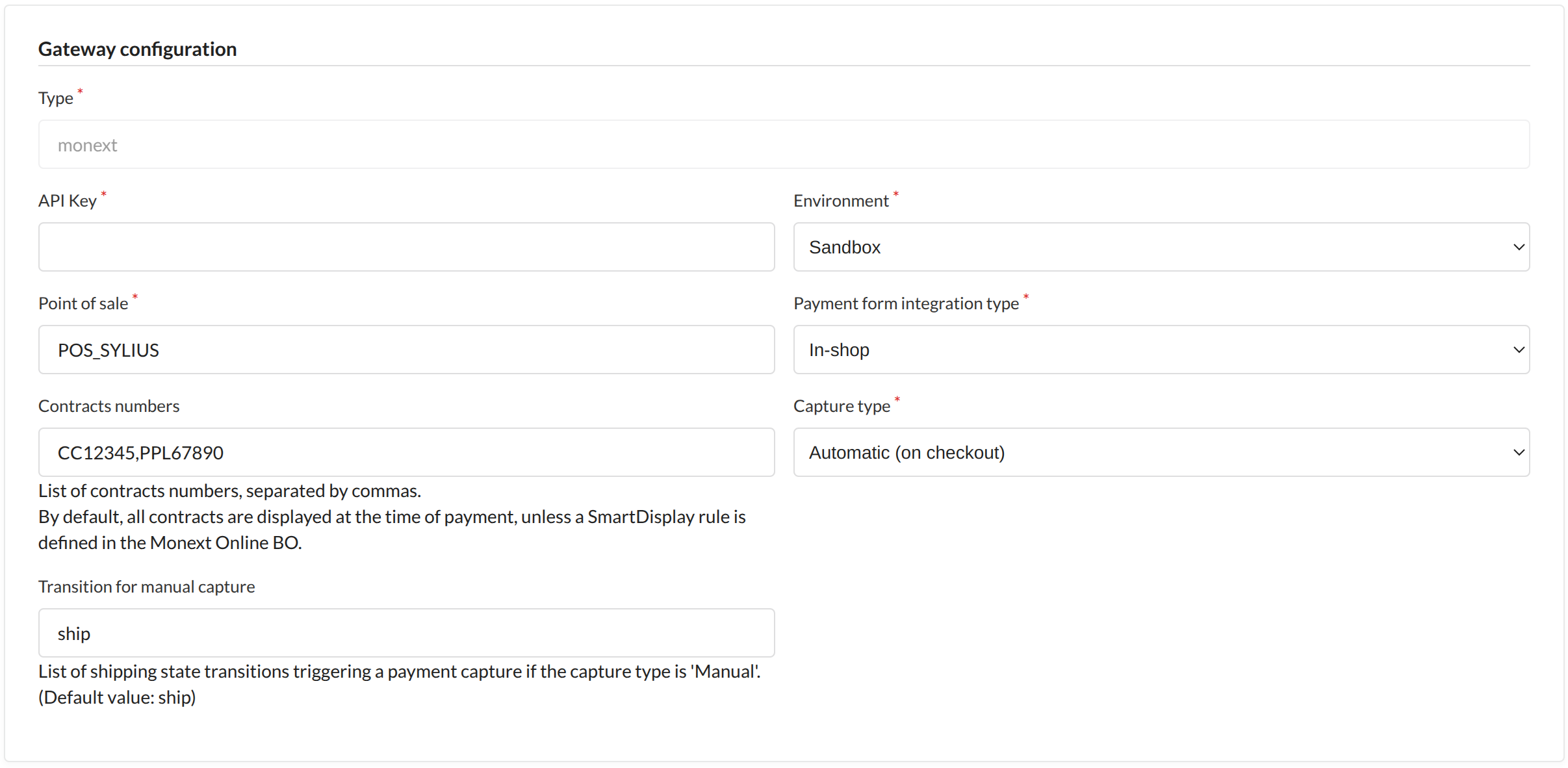 Screenshot showing payment method configuration example in backoffice