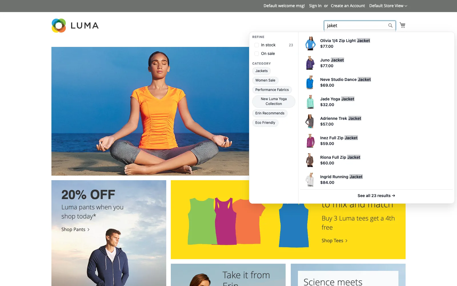 NitroSearch instant search on a Magento storefront: the misspelling “jaket” returns twenty-three jackets with images, prices and highlighted matches, beside filters built from the store’s own attributes