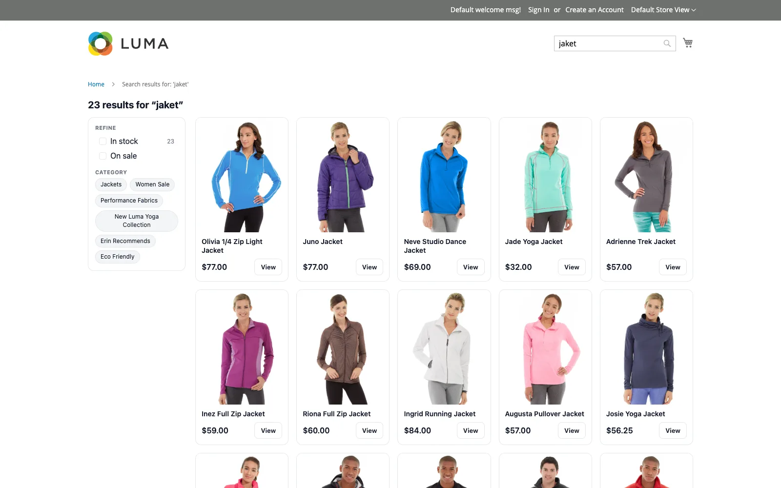 The NitroSearch results page on a Magento storefront: twenty-three jackets in a grid with prices, beside stock, sale and category filters drawn from the store’s own layered-navigation attributes