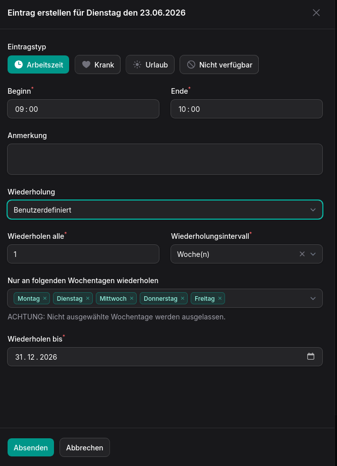 Create entry modal with custom weekly recurrence and weekday selection