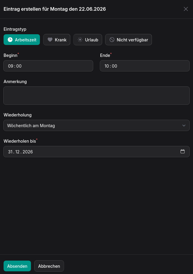 Create entry modal with entry type, time range, and weekly recurrence