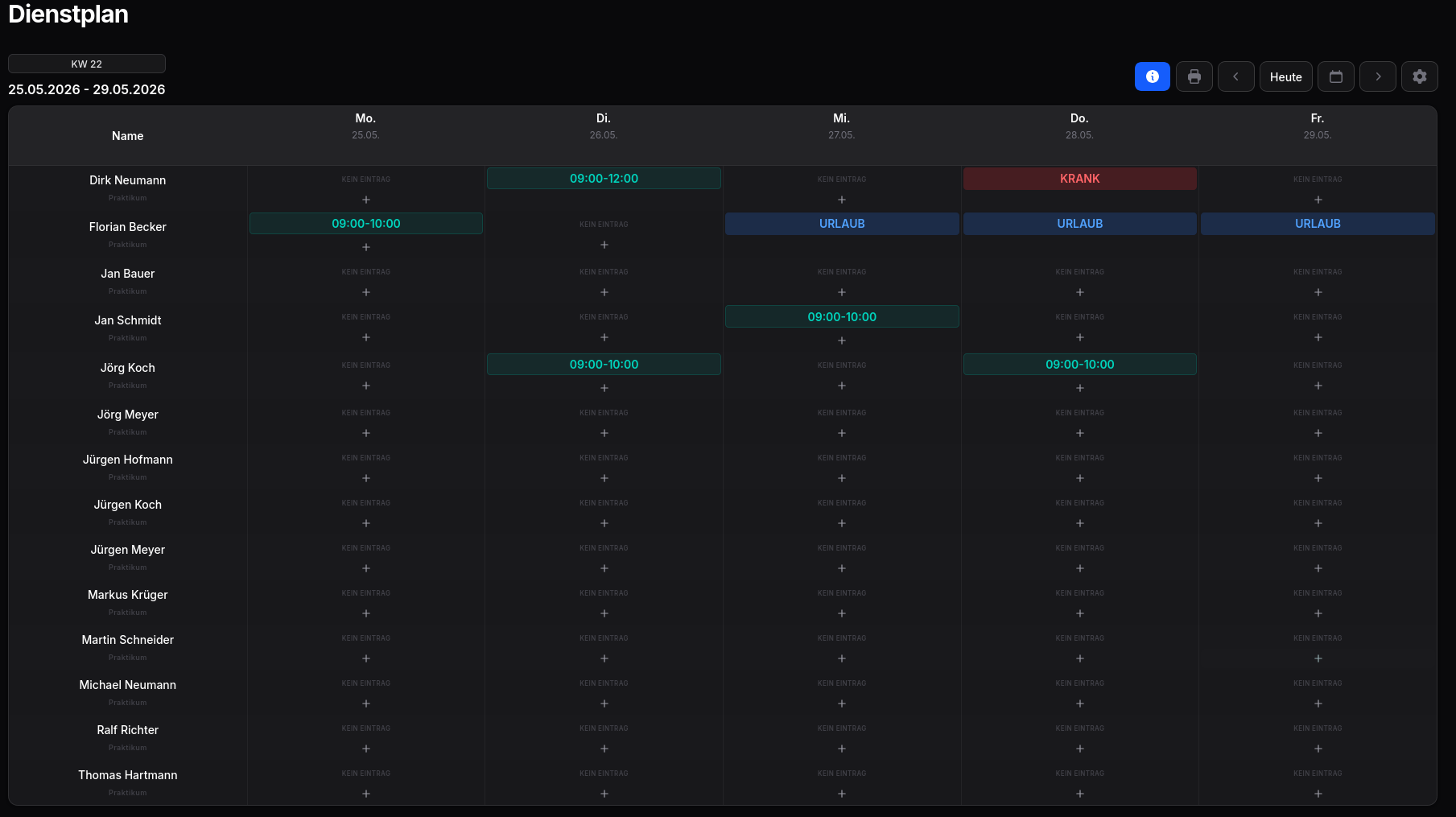 Weekly roster overview with work shifts, vacation, and sick leave entries