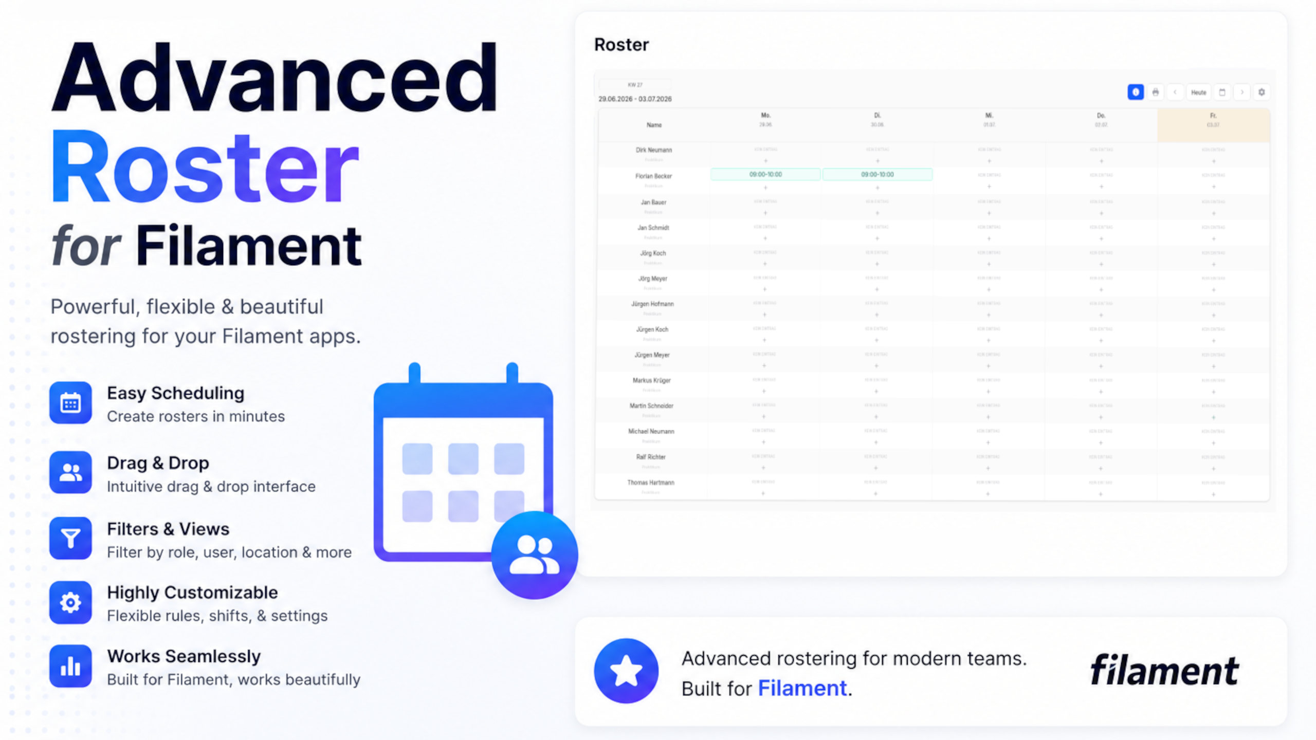 Advanced Roster for Filament — weekly roster with drag & drop, filters, and shift planning