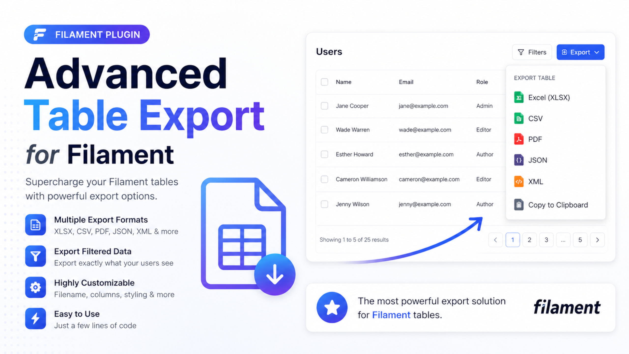 Advanced Table Export for Filament — export tables to XLSX, CSV, PDF, JSON, XML, or clipboard