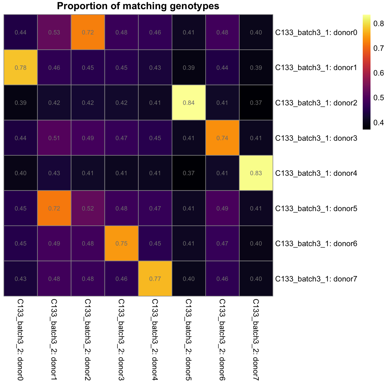 Proportion of matching genotypes between pairs of captures.