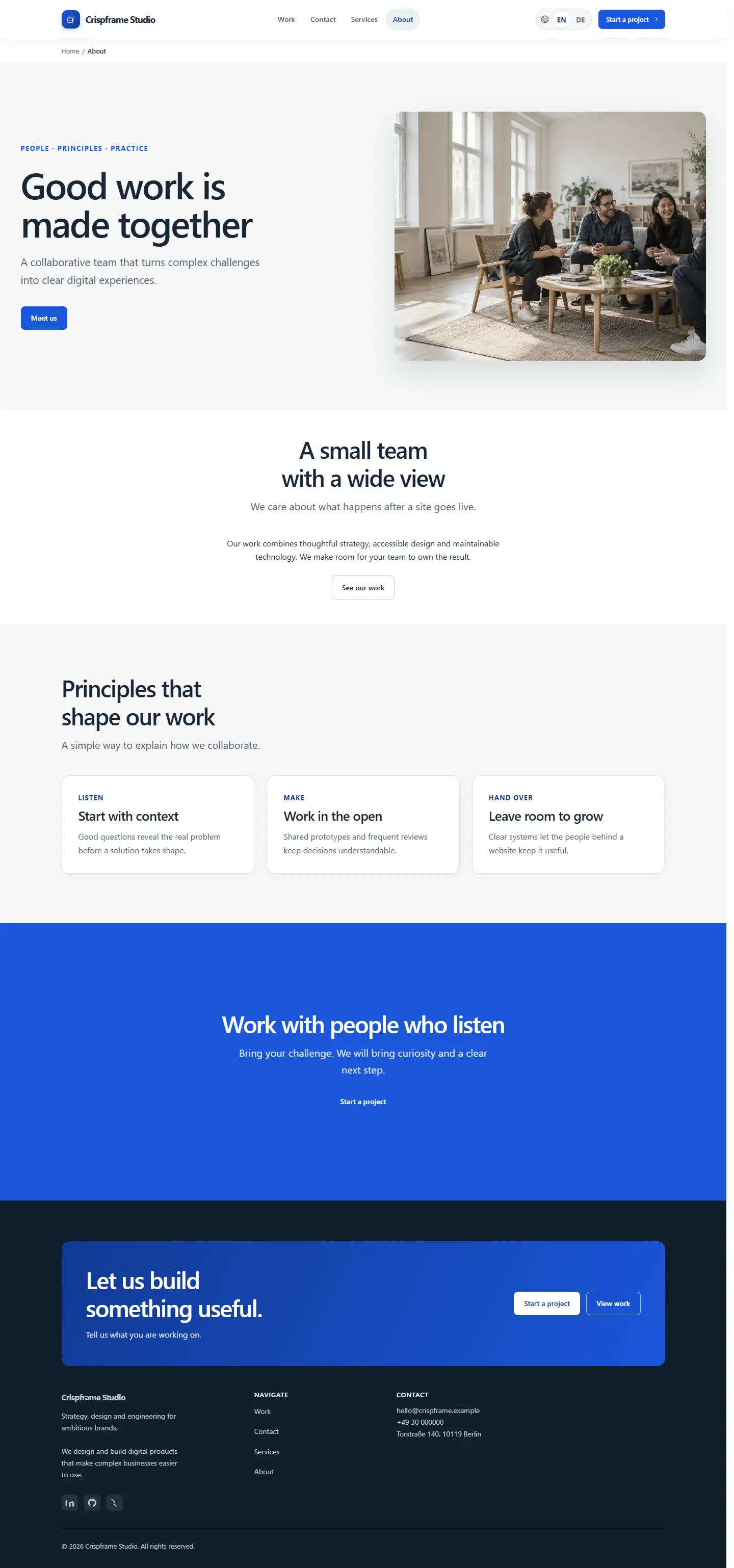 About page with team photography and principles