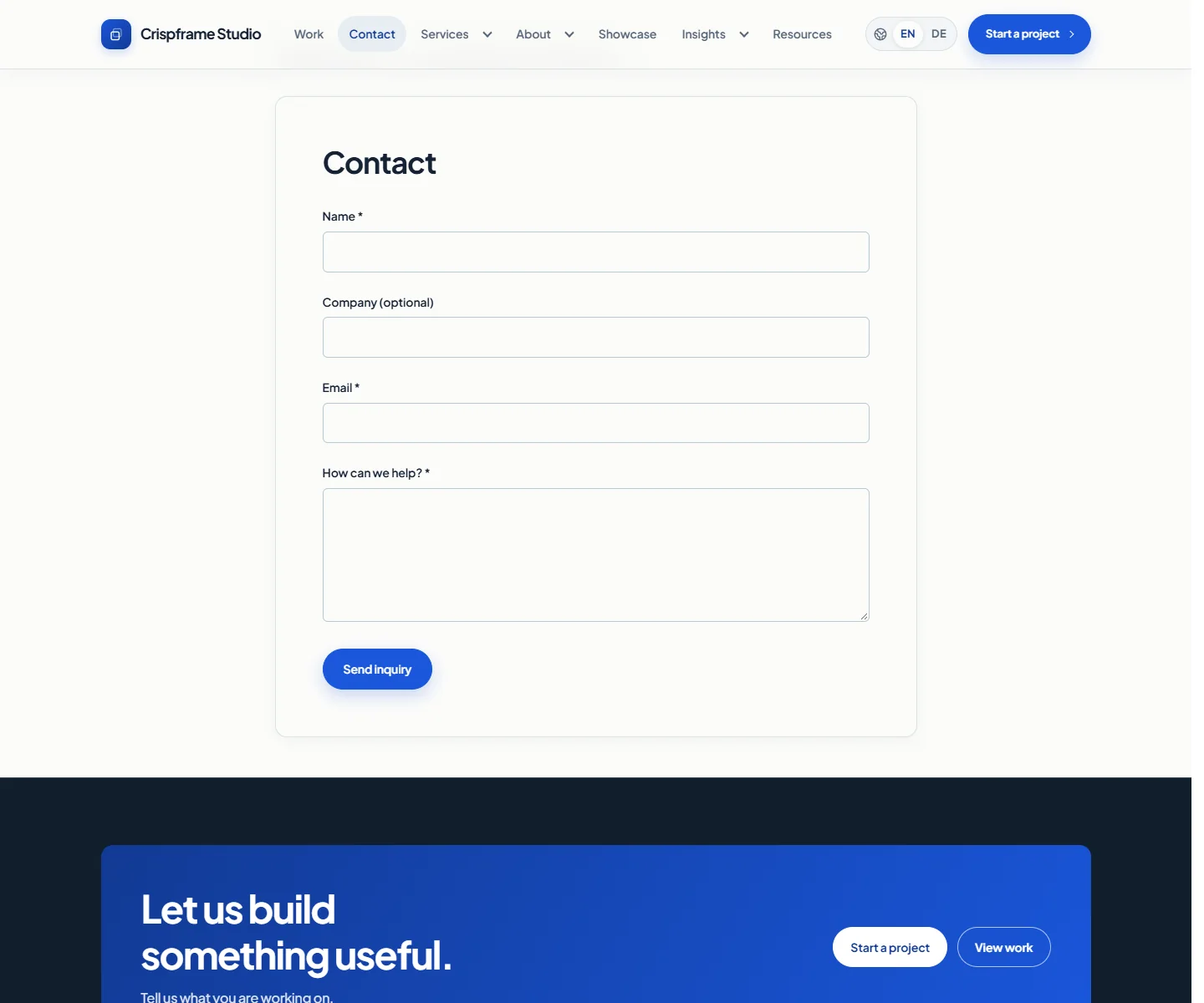 Contact form with labeled fields, a spacious message area, and a submit button