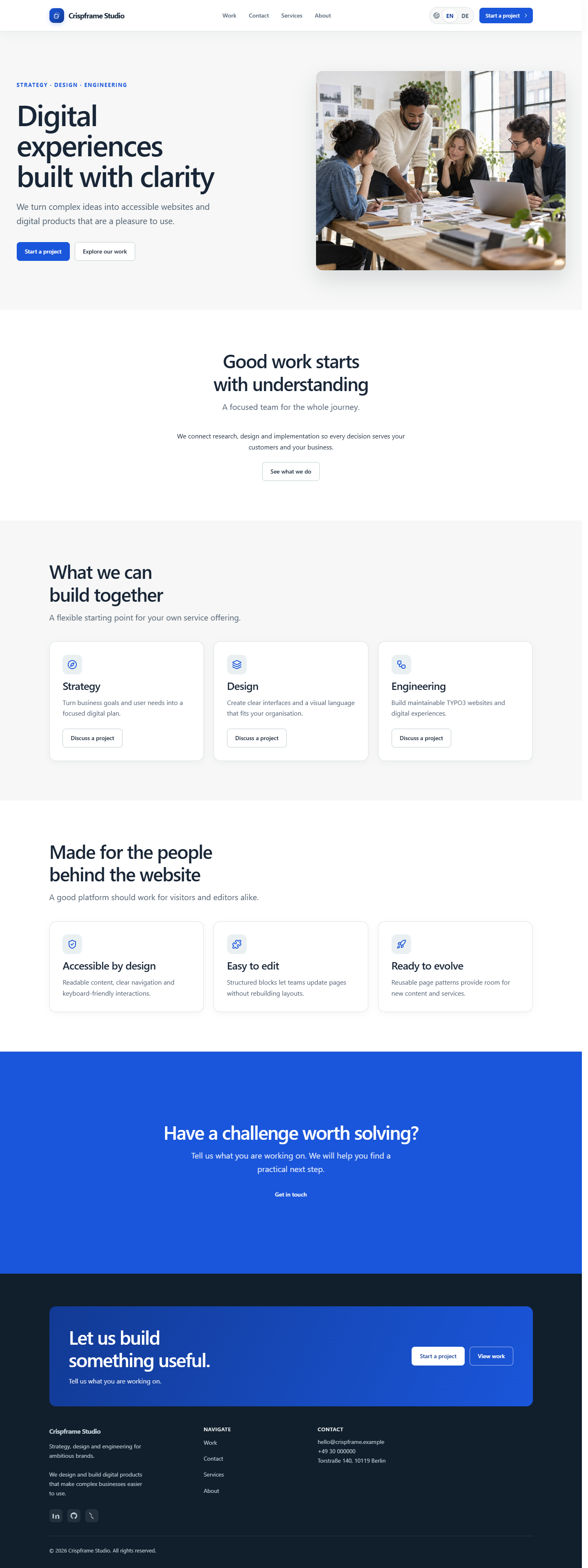 Crispframe demo homepage at desktop width