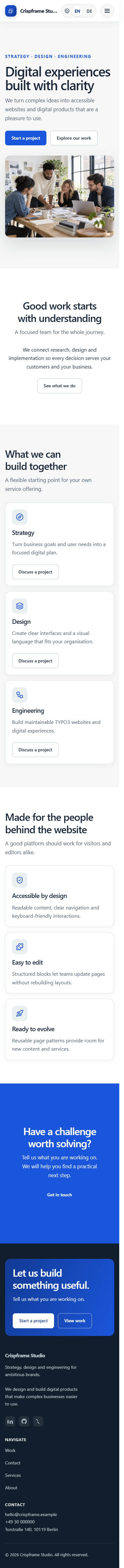 Crispframe demo homepage at mobile width