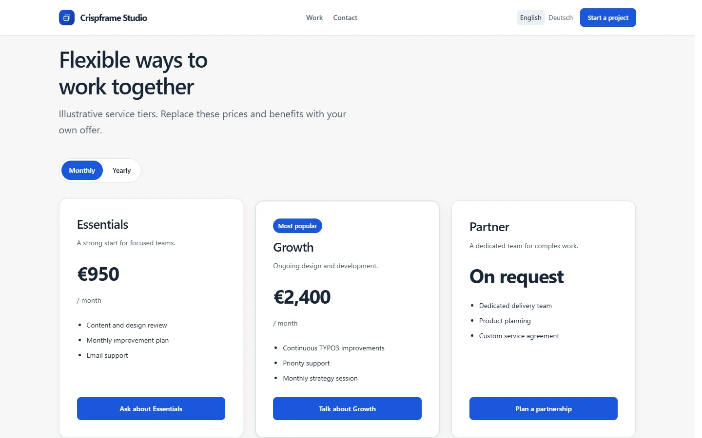 Three pricing tiers in the Crispframe demo