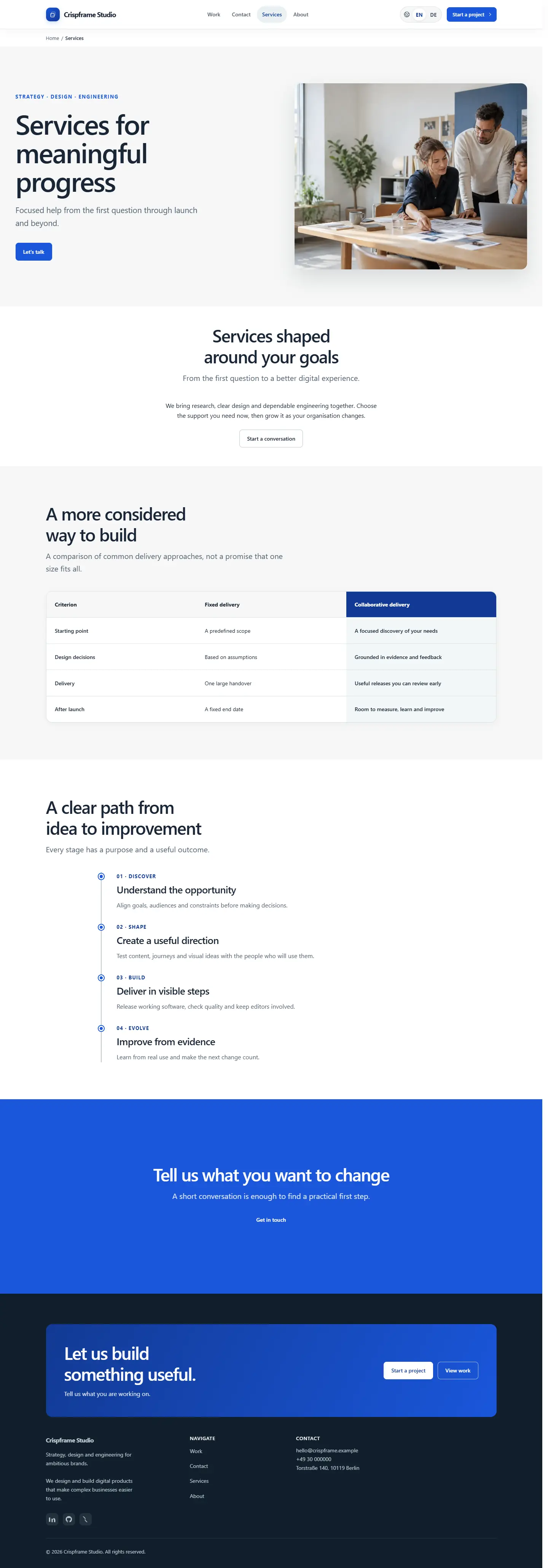 Services page with an editable comparison and timeline