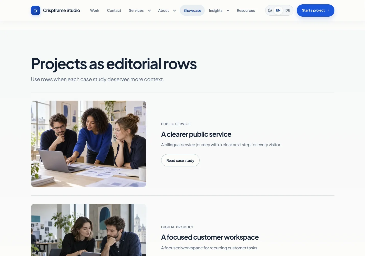 Editorial project rows with a wide image and concise case-study text