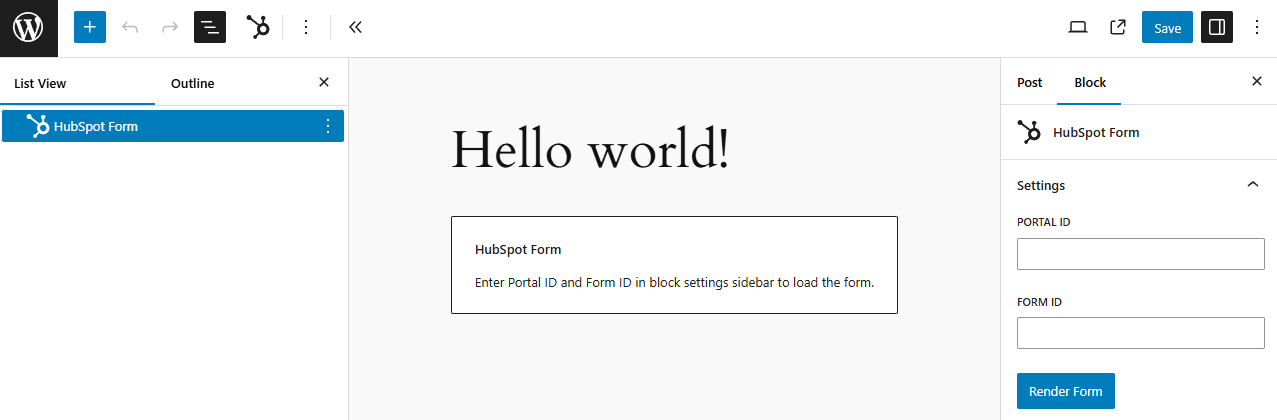 HubSpot Form block in WordPress block editor view