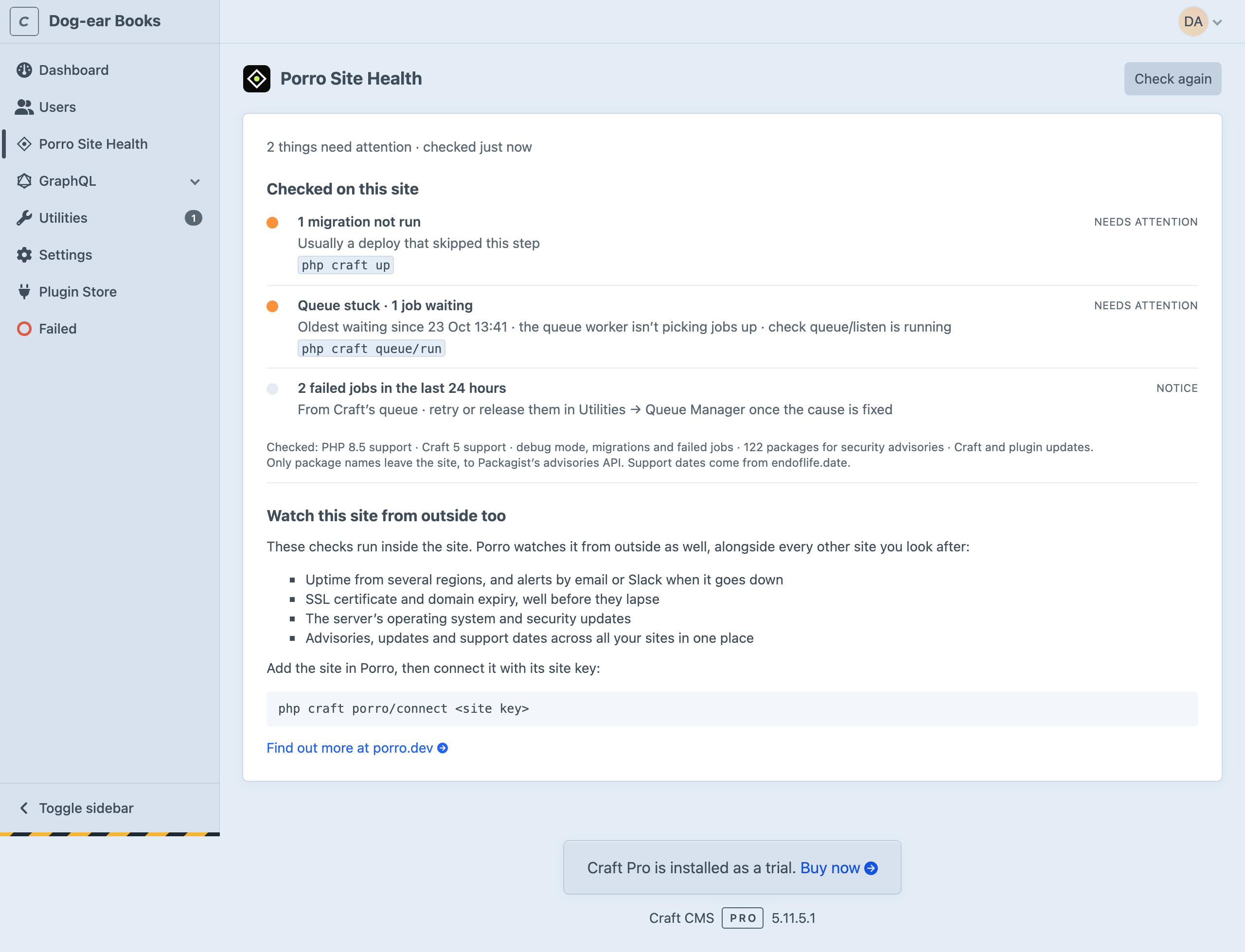 Porro Site Health in the Craft control panel on a site that isn't connected to Porro: a migration not run, a stuck queue and two failed jobs, with the commands that fix them