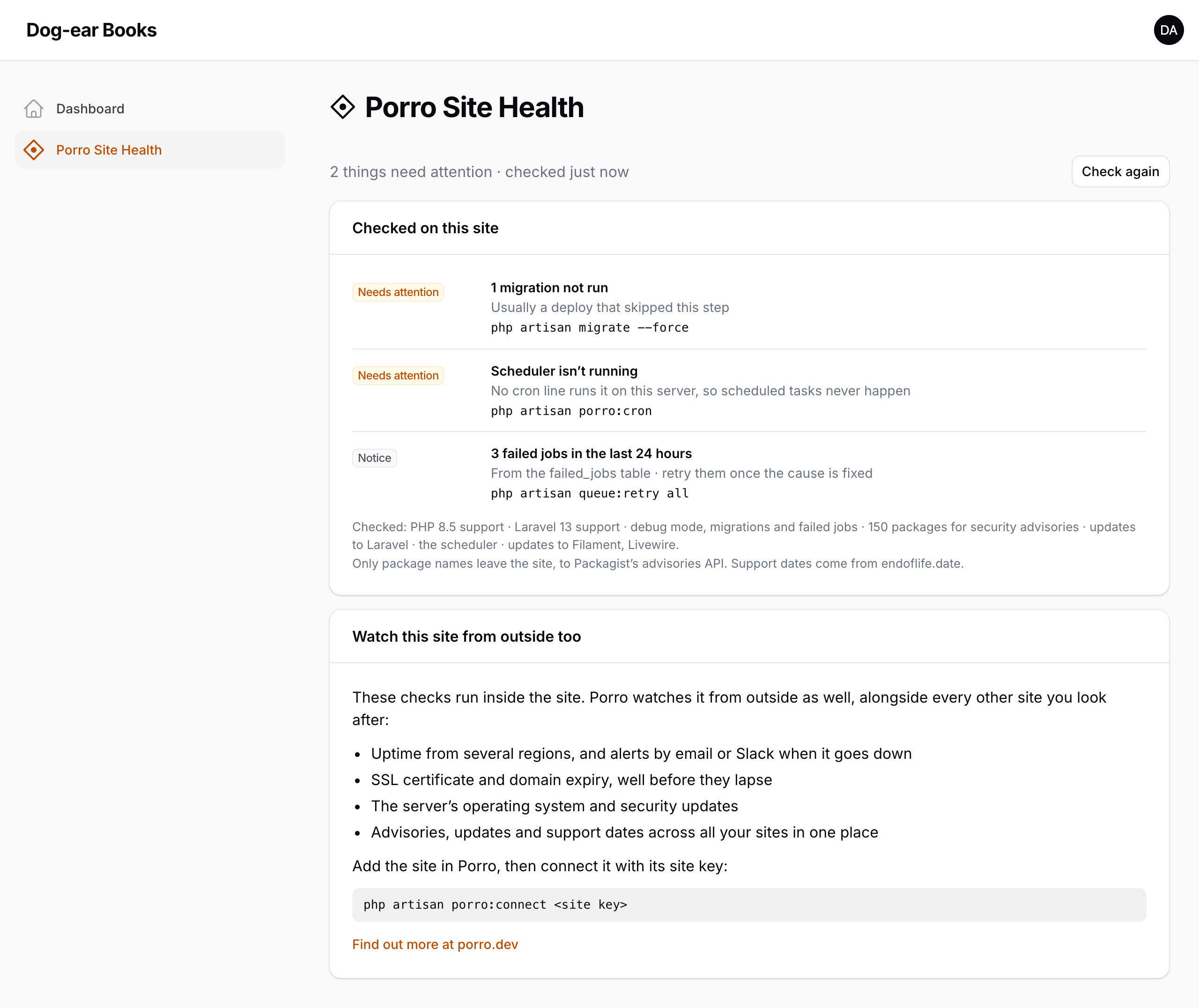 The Porro Site Health page in a Filament panel on a site that isn't connected to Porro: a migration not run, the scheduler not running and three failed jobs, with the commands that fix them