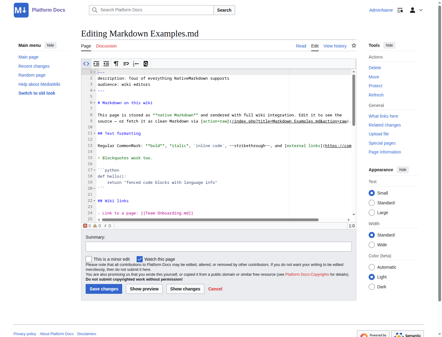 The wiki edit form with Markdown syntax highlighting