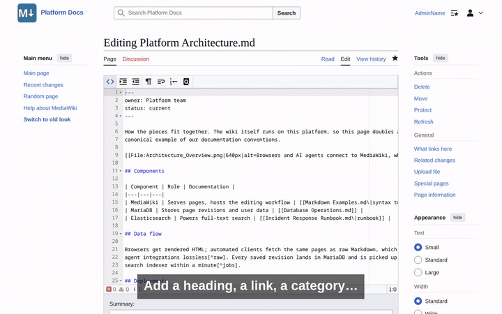 Editing a Markdown page: clean Markdown source, then the rendered page with a table of contents, wiki links, and a category