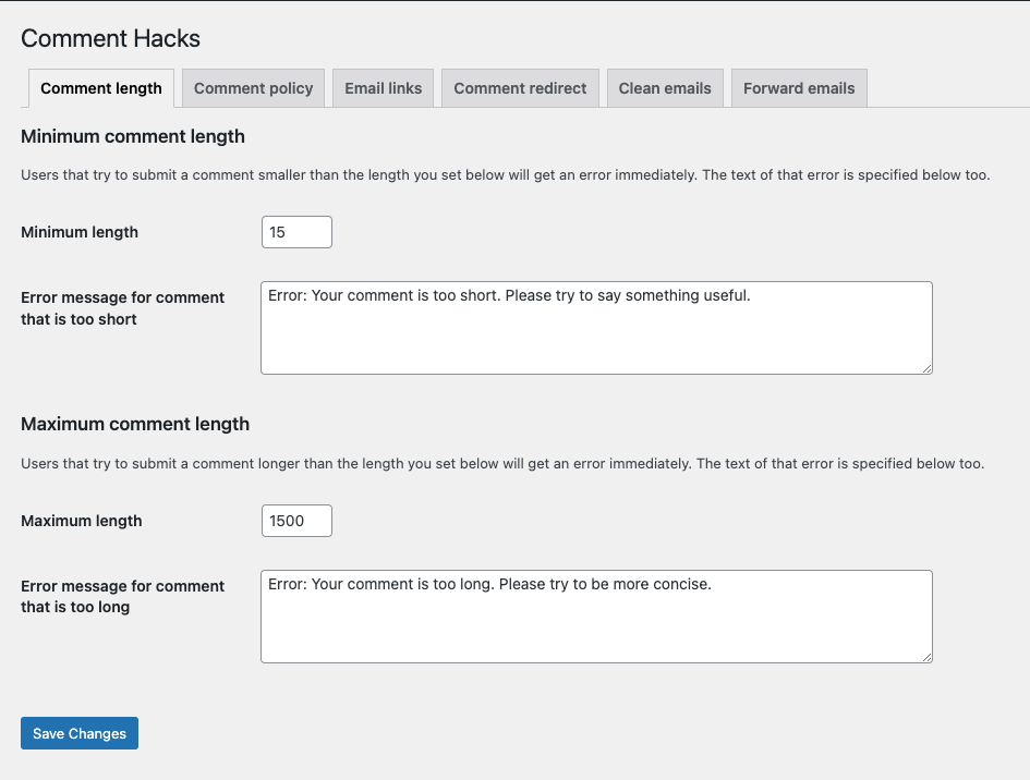 The plugins admin settings