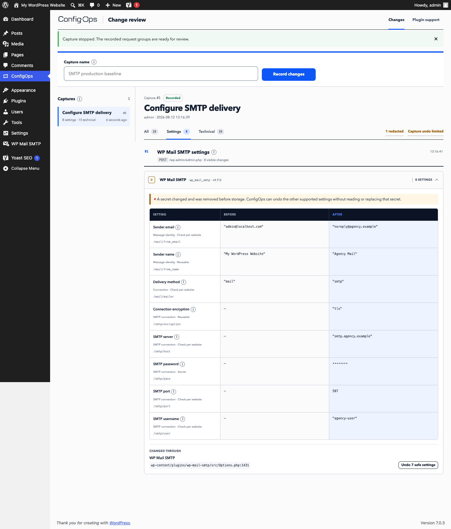 ConfigOps reviewing real WP Mail SMTP setting changes while protecting the SMTP password