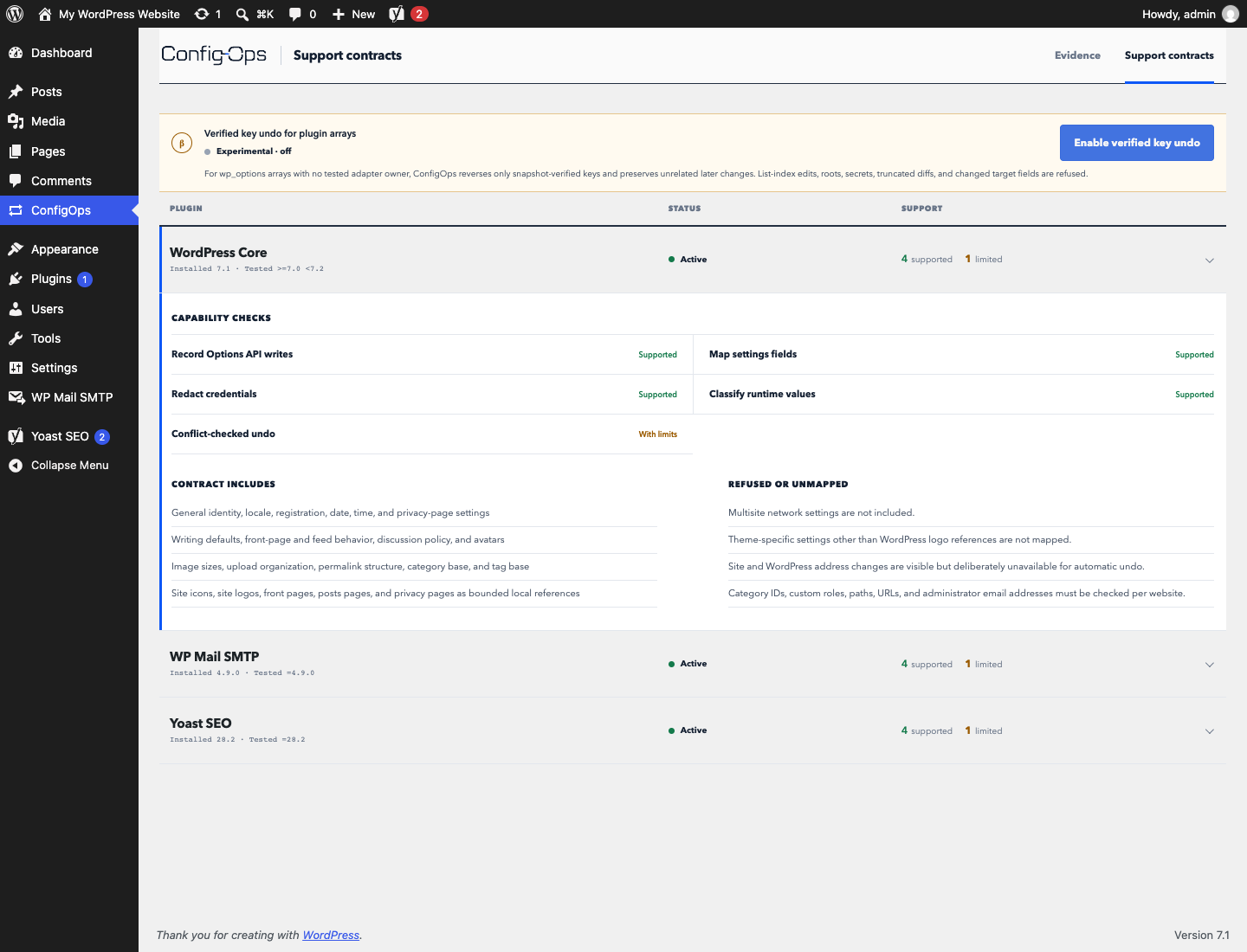 ConfigOps Support contracts showing verified key undo for plugin arrays and the structures it refuses