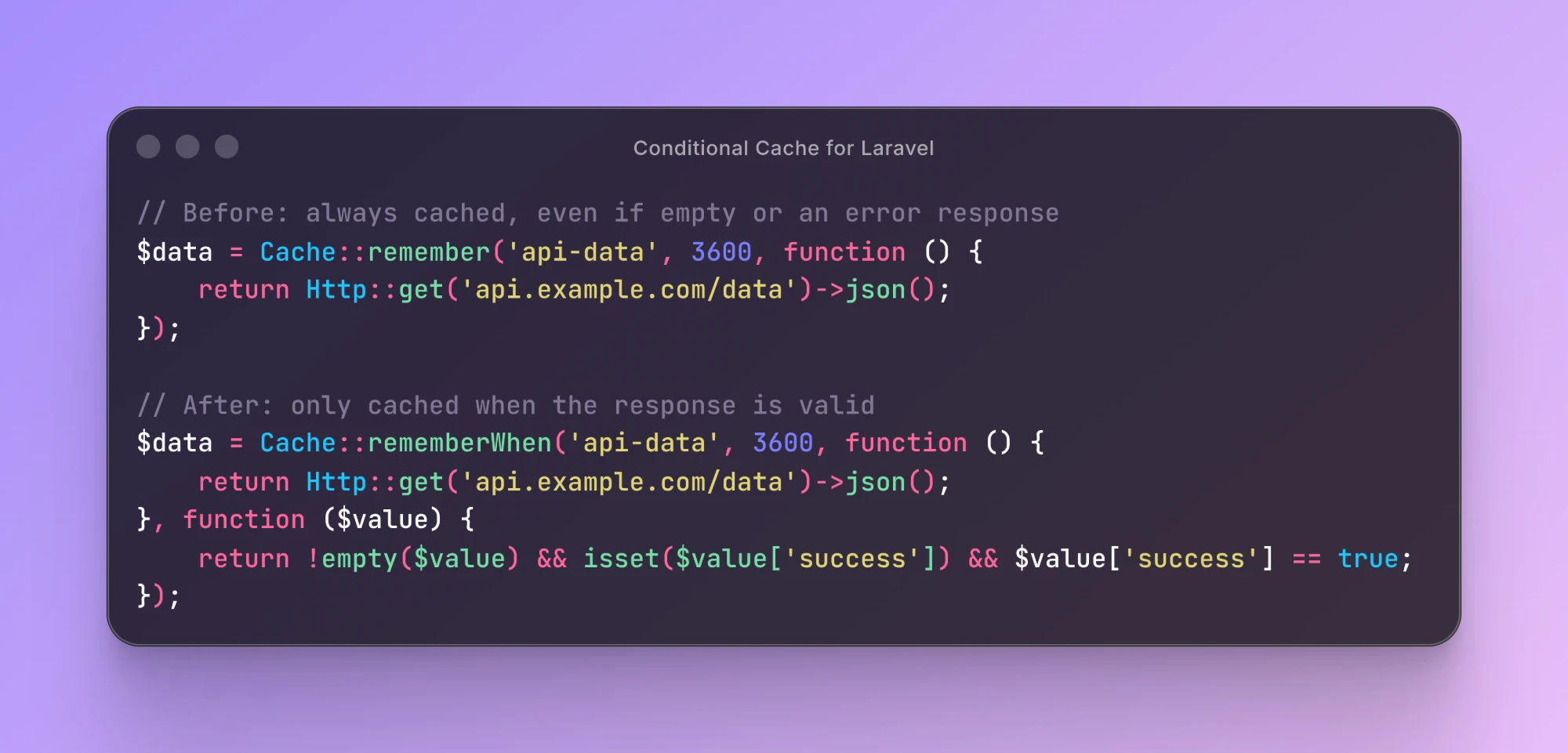 Before: Cache::remember() always caches. After: Cache::rememberWhen() only caches valid responses.