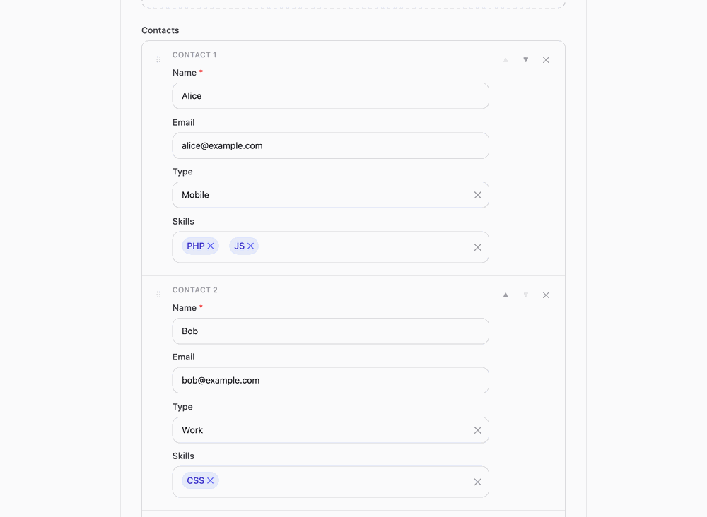 RoroForm — adding a repeatable contact group, picking from a searchable select, tagging skills and reordering rows